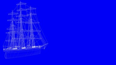 3D Render mavi üzerinde beyaz çizgiler içinde bir mavi baskı yelken teknenin 