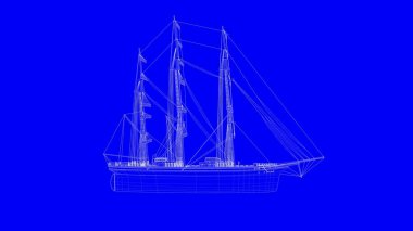 3D Render mavi üzerinde beyaz çizgiler içinde bir mavi baskı yelken teknenin 