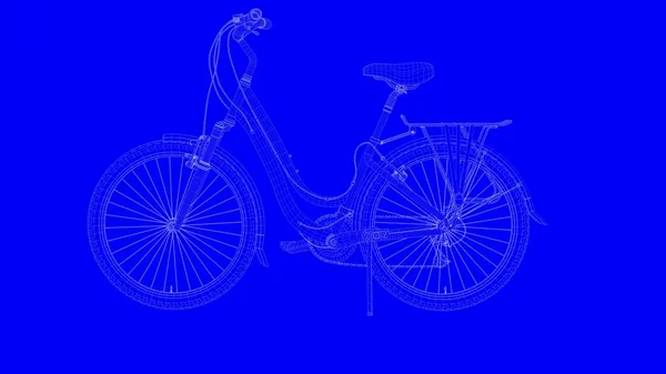 Τρισδιάστατη απεικόνιση του ένα μπλε ποδήλατο εκτύπωσης σε λευκές γραμμές σε ένα μπλε backg — Φωτογραφία Αρχείου