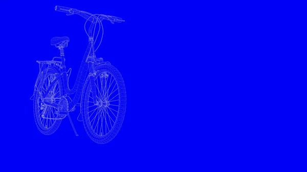 Representación 3d de una bicicleta de impresión azul en líneas blancas sobre un respaldo azul — Foto de Stock