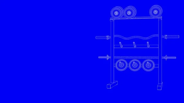 Redare 3D a unui plan de echipamente de sală de gimnastică în linii albe pe o b — Fotografie, imagine de stoc