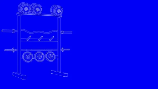 Rendering 3d dari cetak biru peralatan gym dalam garis putih di b — Stok Foto