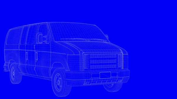 3D візуалізація синього друкованого автомобіля в білих лініях на синьому фоні — стокове фото