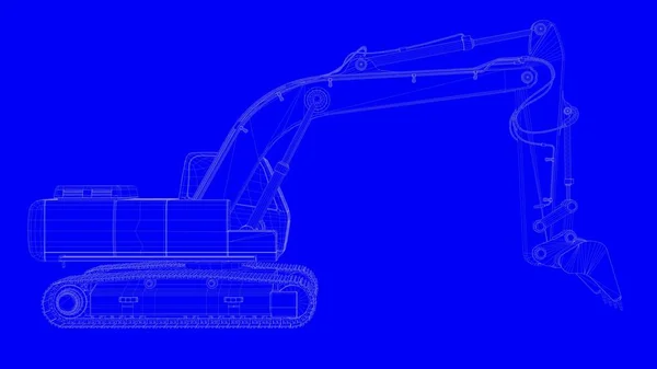 Representación 3d de una excavadora de impresión azul en líneas blancas en un bac azul —  Fotos de Stock