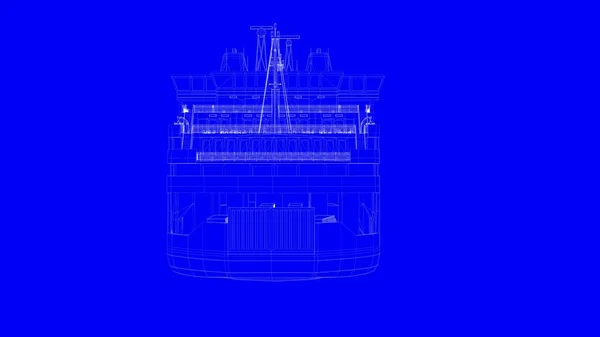 3d rendering of a blue print ship in white lines on a blue backg — Stock Photo, Image