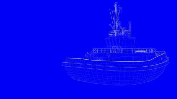 Representación 3d de un barco de impresión azul en líneas blancas sobre un respaldo azul —  Fotos de Stock