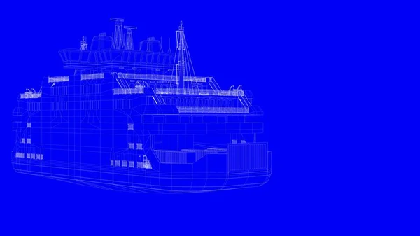 3D-rendering van een blauwe print schip in witte lijnen op een blauwe backg — Stockfoto