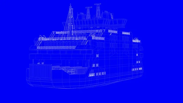 3D-rendering van een blauwe print schip in witte lijnen op een blauwe backg — Stockfoto