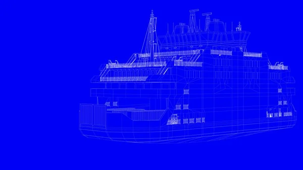 3D рендеринг синего печатного корабля в белых линиях на синем бэкге — стоковое фото