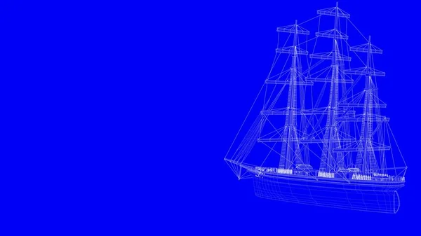 3d rendering of a blue print sail boat in white lines on a blue — Stock Photo, Image