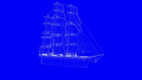 3d rendering of a blue print sail boat in white lines on a blue — Stock Photo, Image