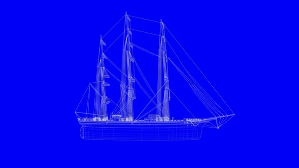 3d візуалізація синього друку вітрильного човна в білих лініях на синьому — стокове фото