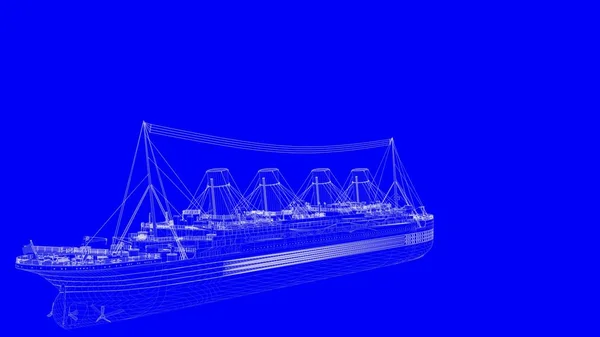 3D-rendering van een blauwe print schip in witte lijnen op een blauwe backg — Stockfoto