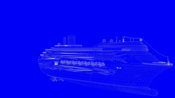 Representación 3d de un barco de impresión azul en líneas blancas sobre un respaldo azul — Foto de Stock