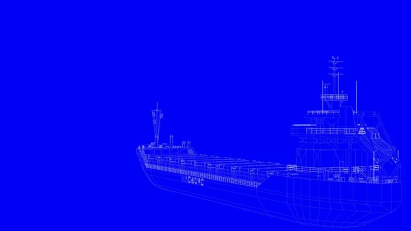 3D-rendering van een blauwe print schip in witte lijnen op een blauwe backg — Stockfoto