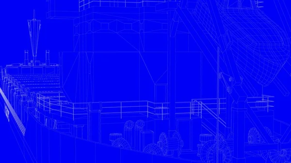3D рендеринг синего печатного корабля в белых линиях на синем бэкге — стоковое фото