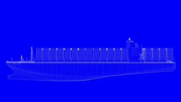 Representación 3d de un barco de impresión azul en líneas blancas sobre un respaldo azul — Foto de Stock