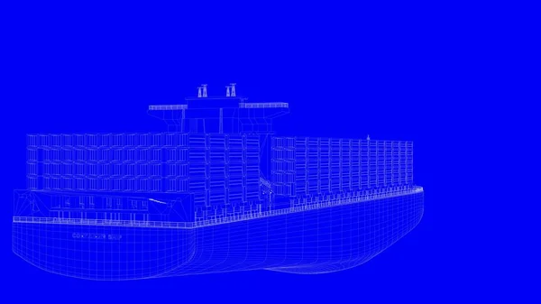 Representación 3d de un barco de impresión azul en líneas blancas sobre un respaldo azul —  Fotos de Stock