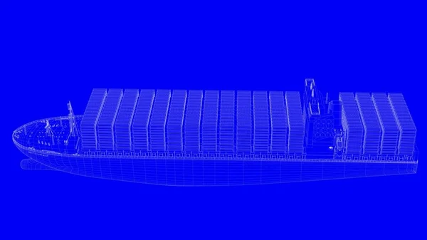 3d візуалізація синього корабля друку в білих лініях на блакитному фоні — стокове фото