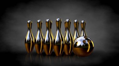 altın bir bowling 3D render karanlık bir arka plan ayarla