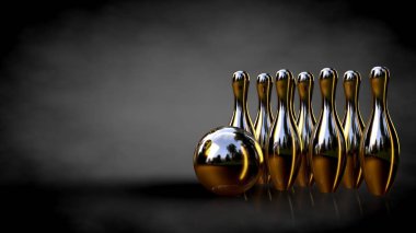 altın bir bowling 3D render karanlık bir arka plan ayarla
