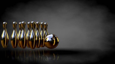 altın bir bowling 3D render karanlık bir arka plan ayarla