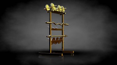 Altın spor salonu ekipman karanlık bir arka plan üzerinde 3D render