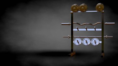 Altın spor salonu ekipman karanlık bir arka plan üzerinde 3D render