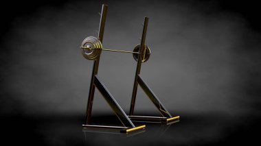 Altın spor salonu ekipman karanlık bir arka plan üzerinde 3D render