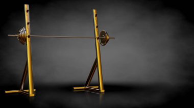 Altın spor salonu ekipman karanlık bir arka plan üzerinde 3D render