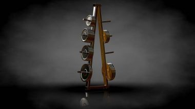 Altın spor salonu ekipman karanlık bir arka plan üzerinde 3D render