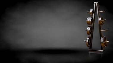 Altın spor salonu ekipman karanlık bir arka plan üzerinde 3D render