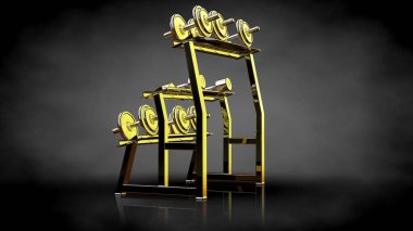 Altın spor salonu ekipman karanlık bir arka plan üzerinde 3D render