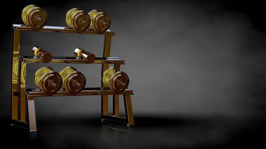 Altın spor salonu ekipman karanlık bir arka plan üzerinde 3D render