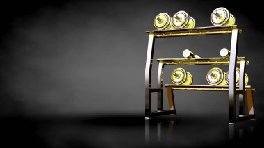 Altın spor salonu ekipman karanlık bir arka plan üzerinde 3D render