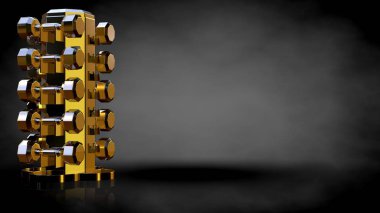 Altın spor salonu ekipman karanlık bir arka plan üzerinde 3D render