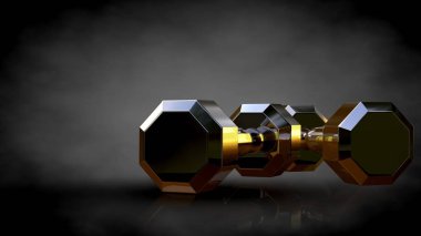 Altın spor salonu ekipman karanlık bir arka plan üzerinde 3D render