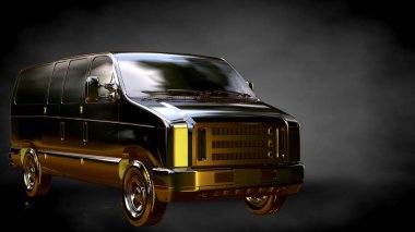 karanlık bir arka plan üzerinde altın bir araba 3D render