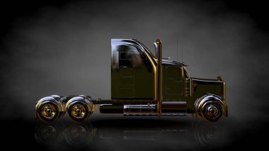 karanlık bir arka plan üzerinde altın bir kamyonun 3D render