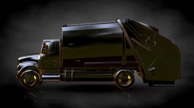 karanlık bir arka plan üzerinde altın bir kamyonun 3D render