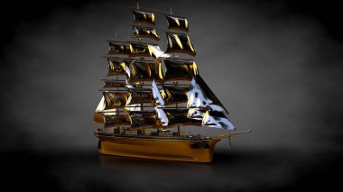 karanlık bir arka plan üzerinde bir altın korsan teknenin 3D render