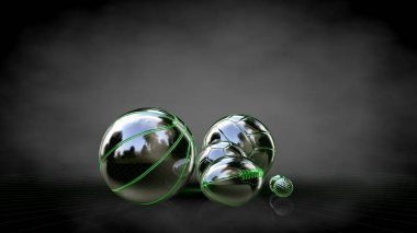 3D render bir yansıtıcı topları ile yeşil çizgiler olarak özetlenen 