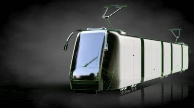 Yeşil Seviyelendirilmiş satırlar halinde yansıtıcı bir trenle 3D render 