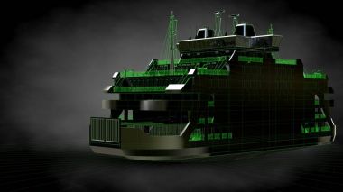 Yeşil yansıtıcı bir gemiyle 3D render satırları b sıraladı.