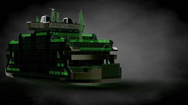 Yeşil yansıtıcı bir gemiyle 3D render satırları b sıraladı.