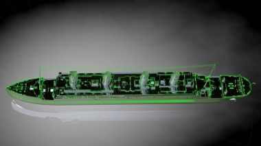 bir yansıtıcı büyük kargo gemisi ile özetlenen yeşil 3D render