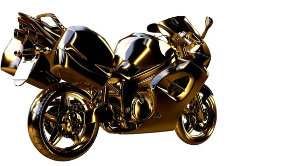 金色的摩托车在 3d 渲染上白色黑色孤立 — 图库照片