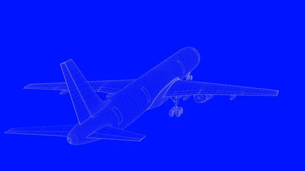 Τρισδιάστατη απεικόνιση του ένα μπλε εκτύπωσης αεροπλάνο σε λευκές γραμμές σε ένα μπλε β — Φωτογραφία Αρχείου