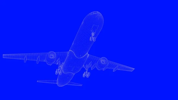 3d 渲染的蓝色打印飞机在蓝色的 b 上的白线 — 图库照片