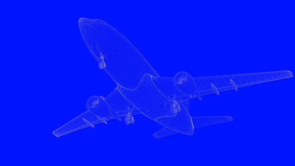 3D-Rendering eines Blue-Print-Flugzeugs in weißen Linien auf blauem b — Stockfoto